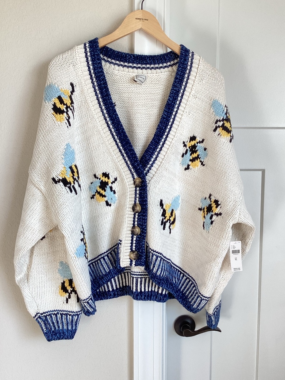Anthropologie Bee Cardigan Sweater Maeve Icon Chunky New XL Ivory Bumblebee - Picture 4 of 15